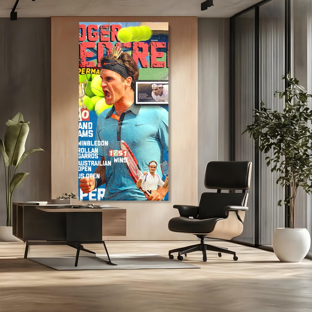 Tablou canvas cu tablou canvas cu roger federer si racheta de tenis, fara rama, pe sasiu de lemn, pe perete intr-un birou